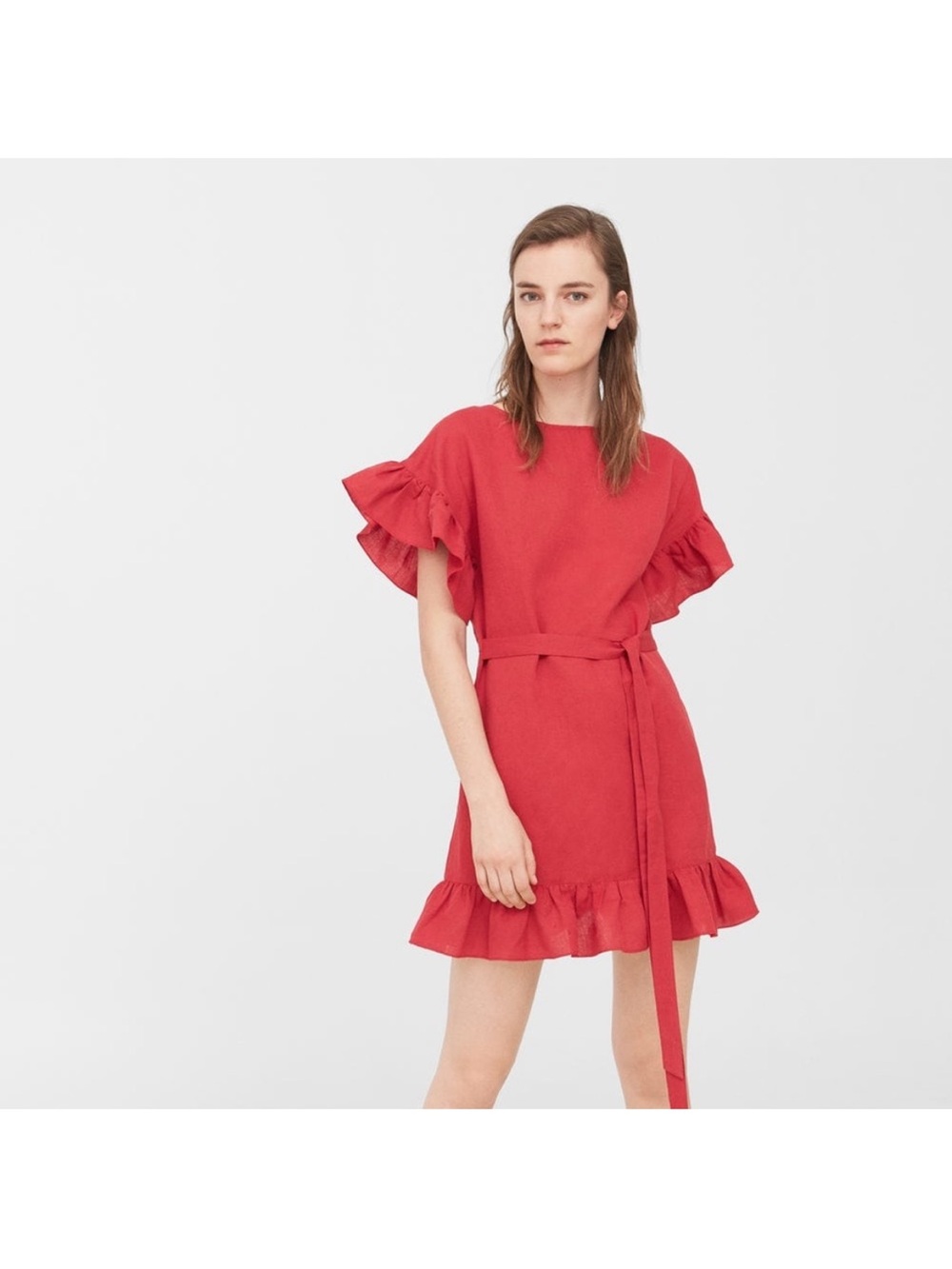 Mango Red Ruffle-Sleeve Tie-Waist Mini Dress